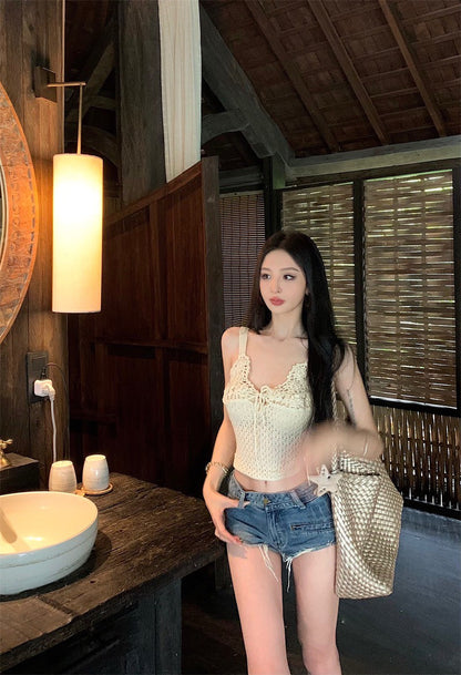 Jun. 島嶼渡假粗鈎織花背心 杏/藍