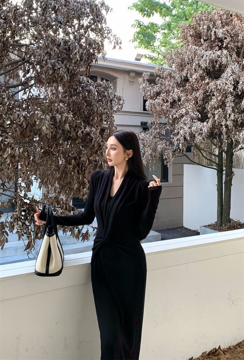 25Nov. 御姐裙特殊扭結設計正肩連衣裙套裝 咖/黑