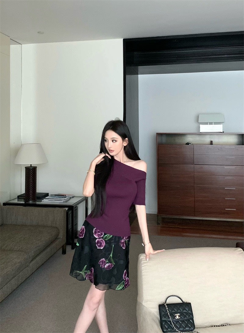 Jun. 半熟女伶 斜領修身針織上衣 紫 復古花網紗半身裙 紫