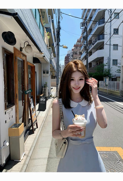 26Jul. 溫沙小姐TR斜紋收腰娃娃領背心裙 杏/藍