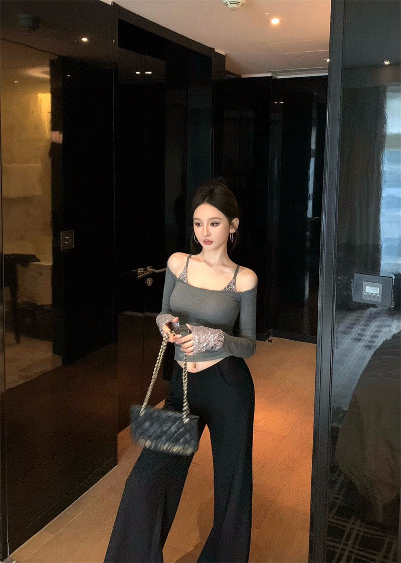 25Nov. 璀璨奪目假兩件式亮片拼接上衣 灰