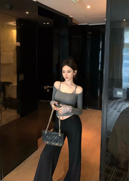 25Nov. 璀璨奪目假兩件式亮片拼接上衣 灰