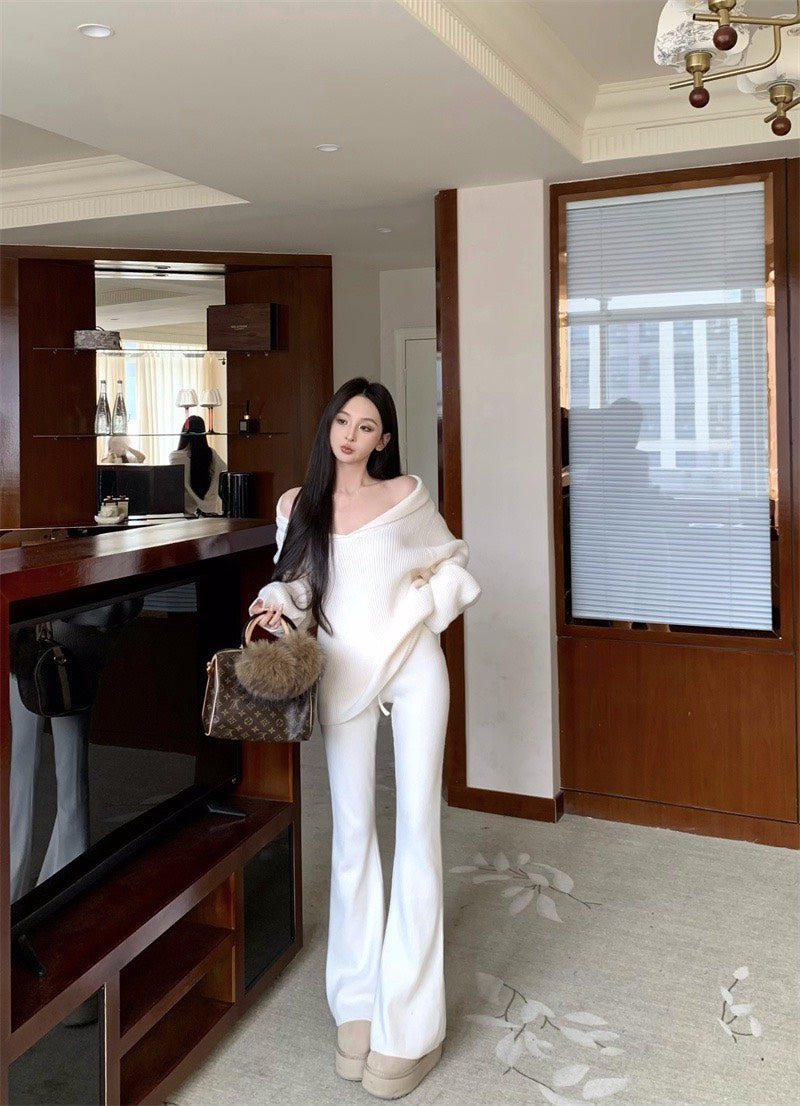 25Nov. 慵懶配套V小翻領針織休閒褲套裝 白/黑