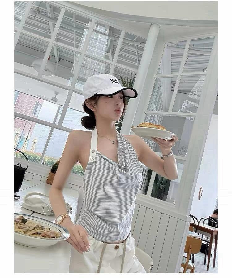 26Oct. 少女鬆弛cozy條紋蘯領掛脖背心