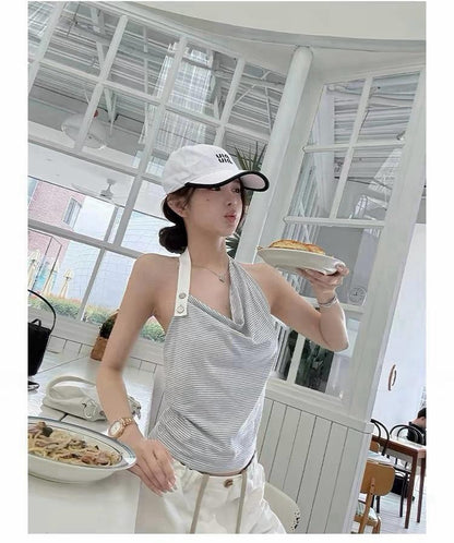 26Oct. 少女鬆弛cozy條紋蘯領掛脖背心