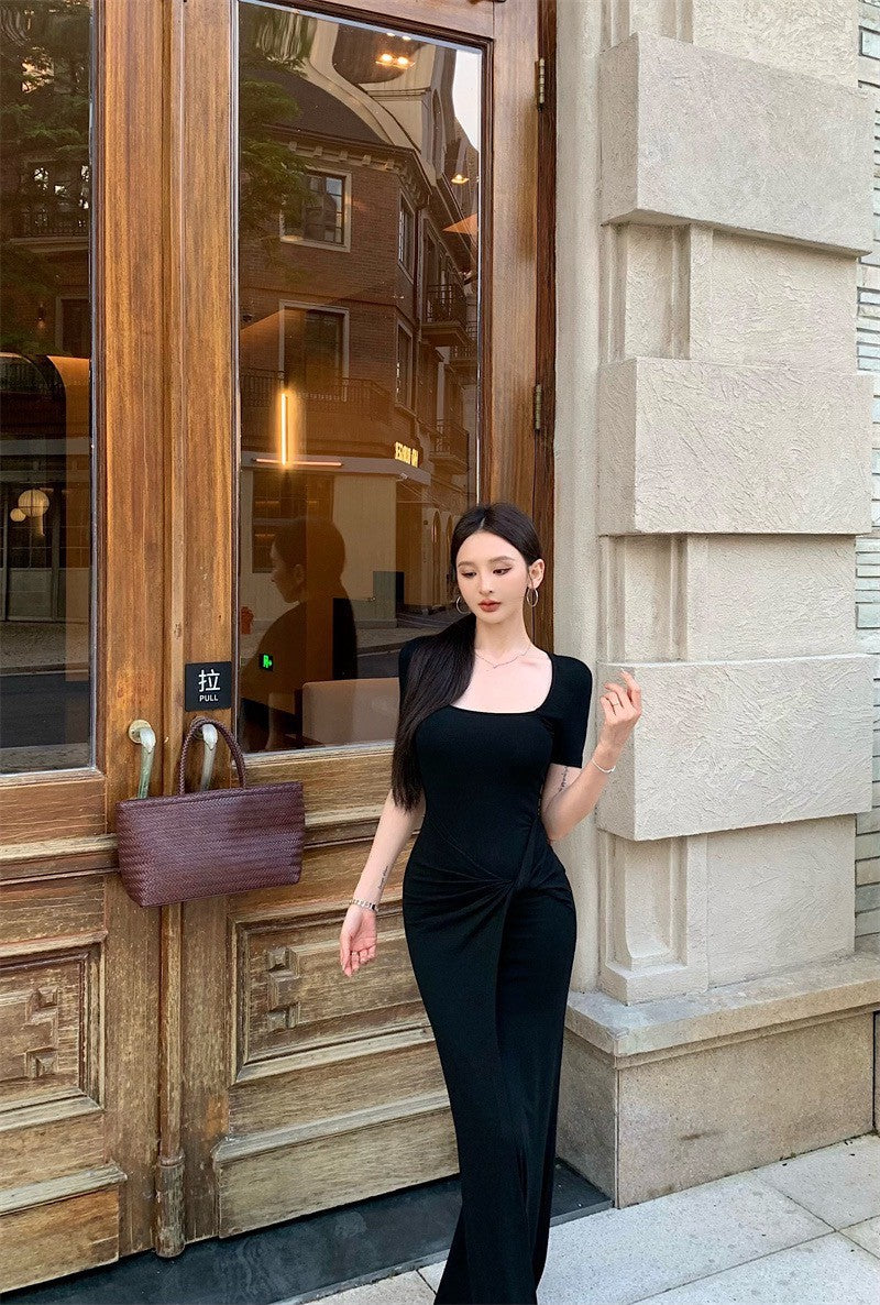 25Aug. 舒適性休閒方領綁帶遮肉肉連身裙 灰/黑