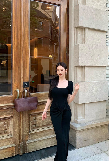 25Aug. 舒適性休閒方領綁帶遮肉肉連身裙 灰/黑