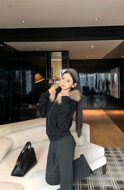 26Feb. 通勤百搭毛毛連帽拉鍊外套 灰/黑