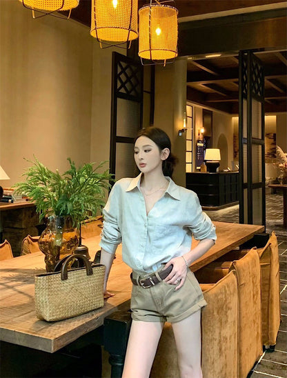 25Aug. LUP休閒王牌亞麻襯衫 翻摺休閒短褲 卡其色系