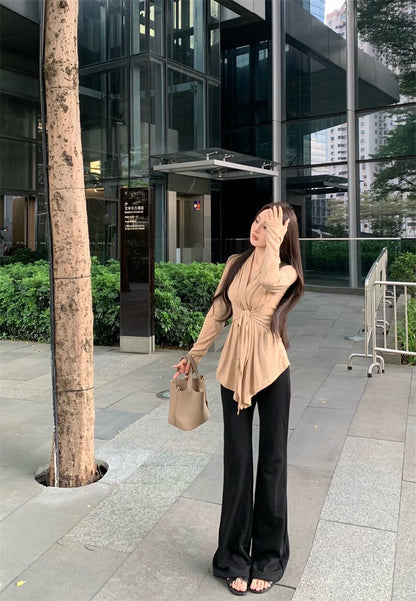 May. 氣質疊領綁帶長袖開衫 杏 高腰微喇叭黑色休閒褲