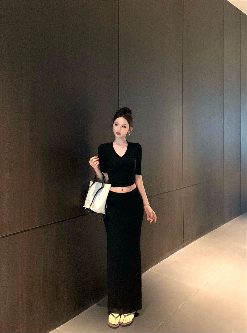 25Sep. 高級感V領五分袖魚尾半身裙套裝 灰/黑