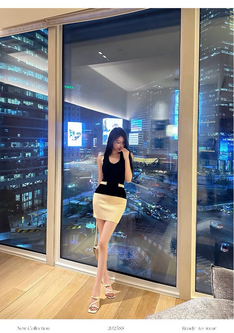 25Jul. 晝夜剪影小香黑白撞色針織連身裙