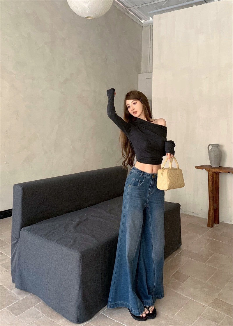 Mar. 休閒高智系 斜肩彈力修身短款長袖上衣 灰色