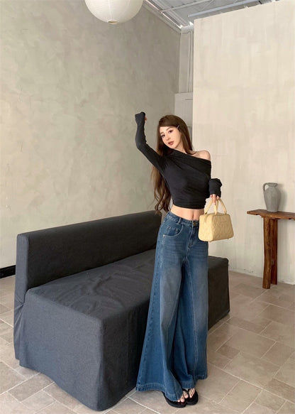 Mar. 休閒高智系 斜肩彈力修身短款長袖上衣 灰色