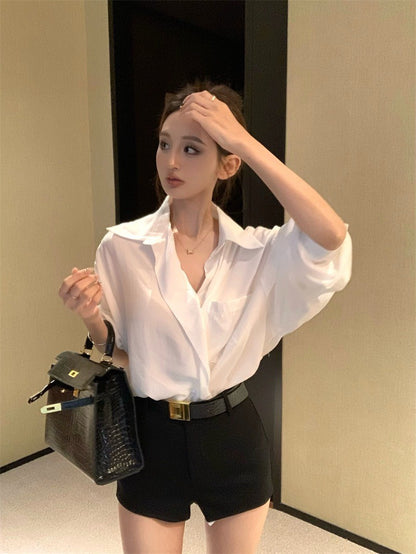 25Jul. 知性掛 慵懶廓形襯衫 高腰修身短褲
