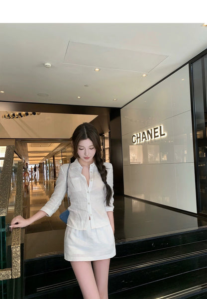 25Aug. 亞麻物語簡約七分袖襯衫低腰褲裙套裝 白色