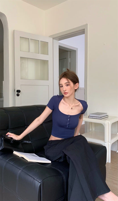 Jun. 歐美復古顯瘦鈕扣領短款上衣 3色