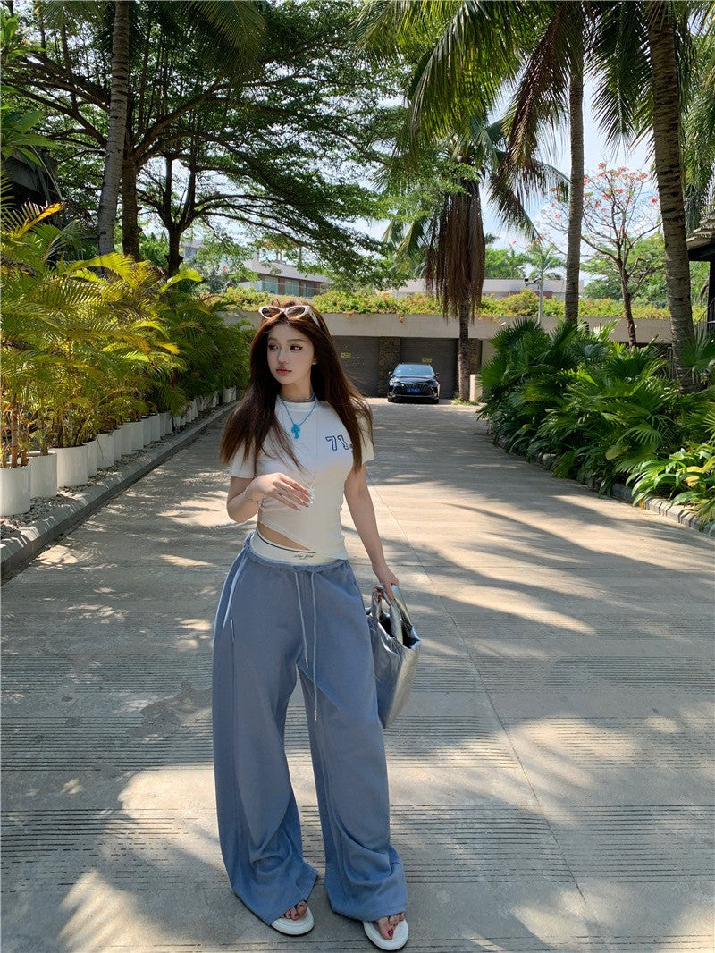 May. 辣妹夏日顯瘦正肩上衣 運動休閒拼接設計休閒褲 藍