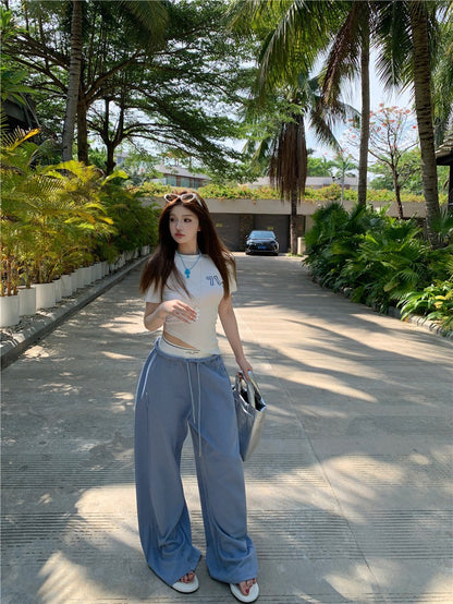 May. 辣妹夏日顯瘦正肩上衣 運動休閒拼接設計休閒褲 藍