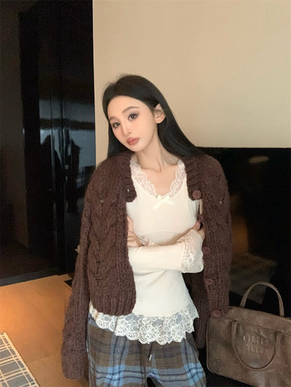 25Nov. 冬季呢喃保暖厚磅麻花針織外套2色 打底蕾絲上衣 2色