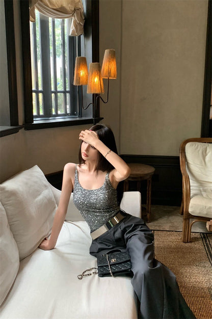 25Sep. 閃耀銀色系背心 高腰西裝長褲