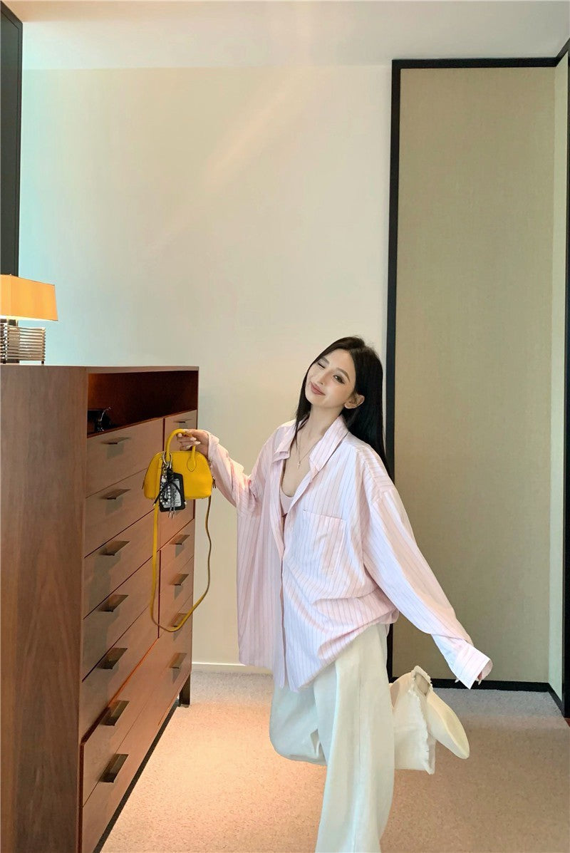 Jun. 粉嫩淡顏 寬鬆通勤條紋襯衫 100萦麻休閒褲