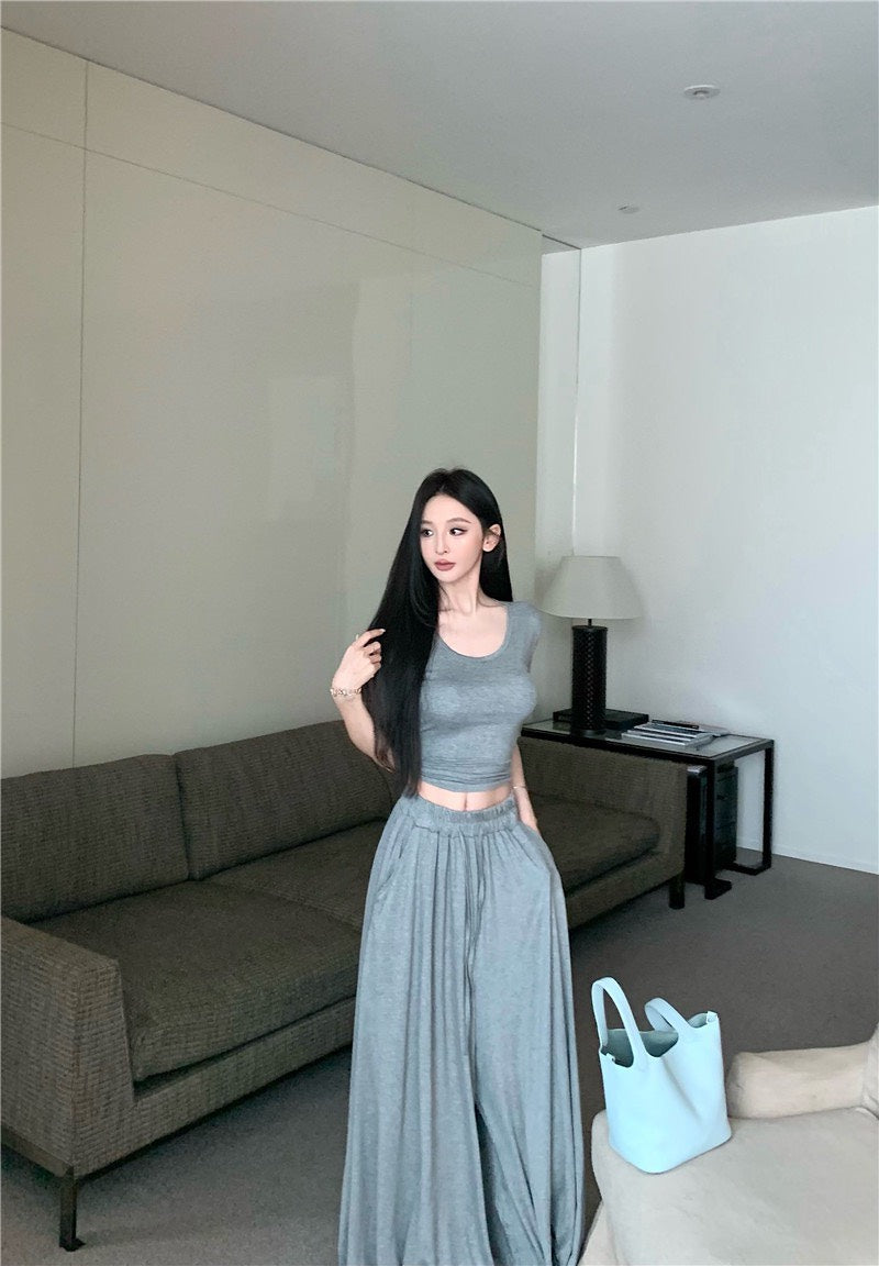 Jun. 溫柔小姊姊U領顯瘦鬆緊垂墜休閒褲套裝 灰