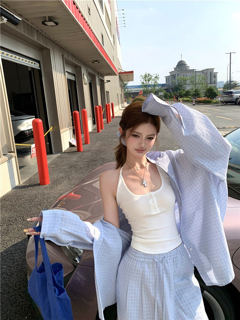 Jun. 奶藍泡芙休閒輕氧格紋襯衫 同花紋休閒褲 淺藍格紋