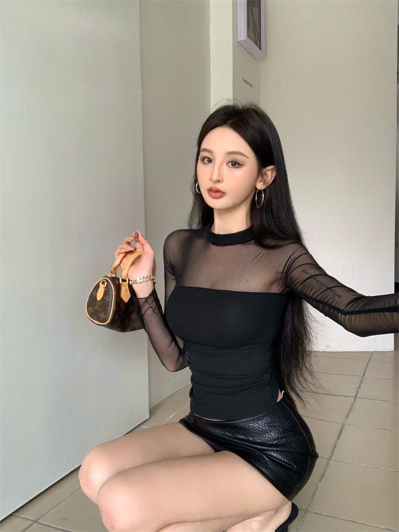 Jun. 辣妹網紗拼接透視緊身上衣 白/黑