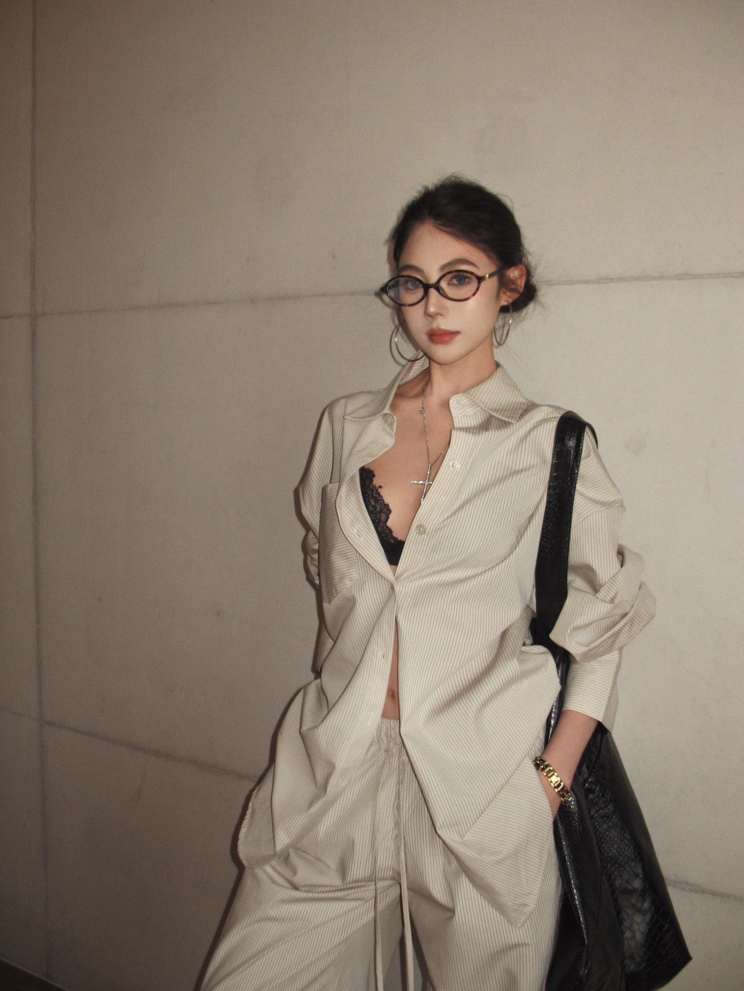 25Aug. 窒息慵懶高級感寬鬆條紋襯衫 抽繩休閒褲