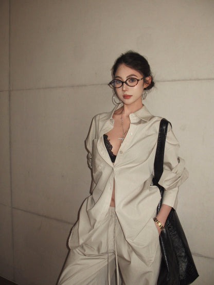 25Aug. 窒息慵懶高級感寬鬆條紋襯衫 抽繩休閒褲