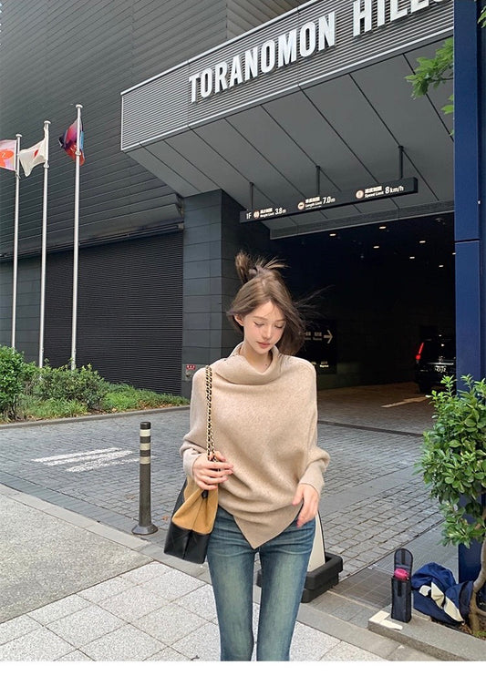 25Nov. 秋意正濃氣質蝙蝠袖高領針織上衣 卡其