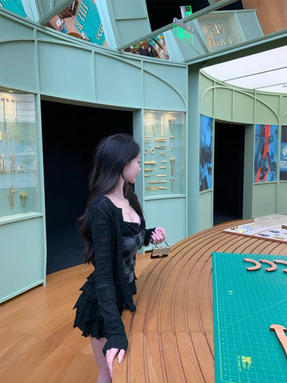 25Sep. Black Doll優雅黑天鵝針織開衫半身裙套裝