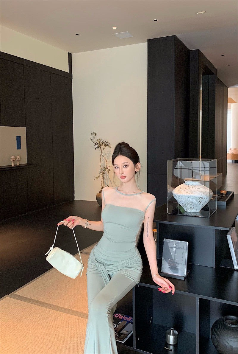 25Aug. 古典視覺網紗拼接上衣綁帶休閒褲套裝 豆沙綠