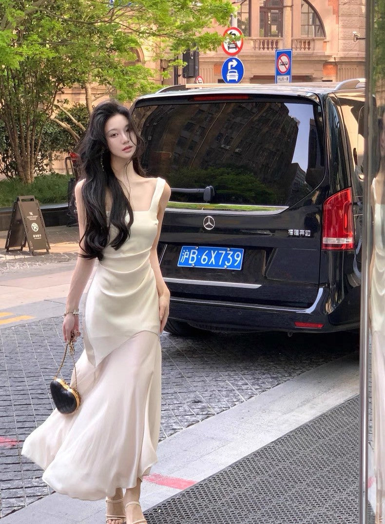 26Apr. 古希臘女神高級拼接魚尾緞面裙 杏白