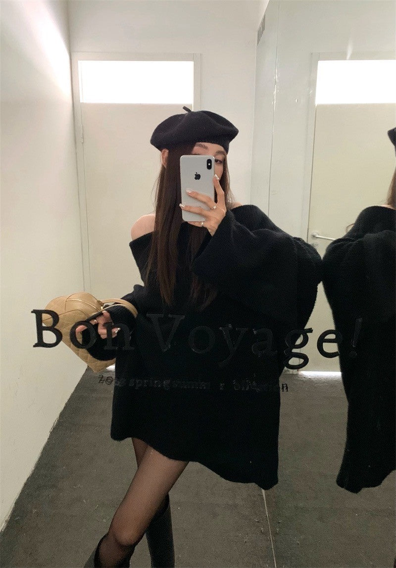 Oct. 簡約一字領針織長版毛衣 黑