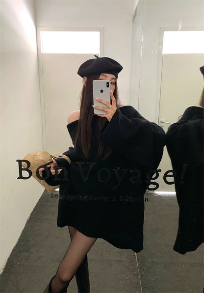 Oct. 簡約一字領針織長版毛衣 黑