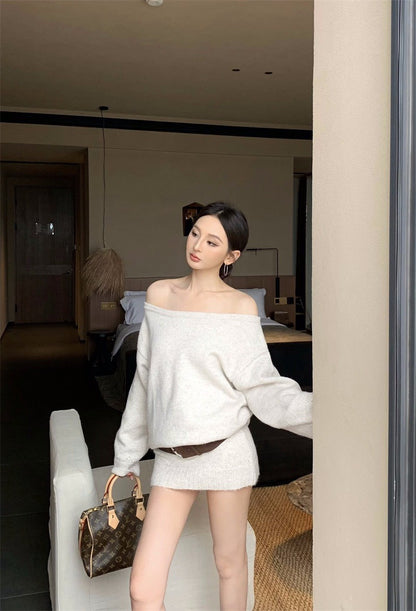 26Jan. 溫柔復古一字領連身針織裙套裝 灰/杏