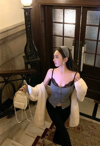 Apr. 美式舞蹈生 蕾絲拼接撞色西裝背心 灰/黑