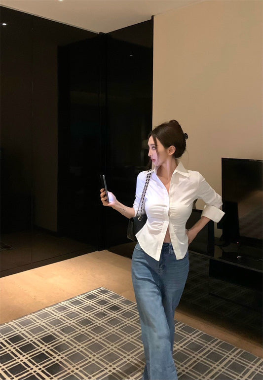 May. 簡約輕奢感 V領抓皺收腰襯衫 白