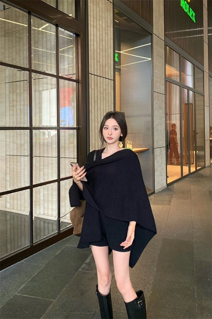 Feb. 溜灣套裝 氣質披肩背心短褲針織三件套 黑