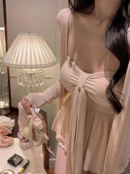 25Aug. 慵懶姐系 莫代爾抹胸外套2件組 粉