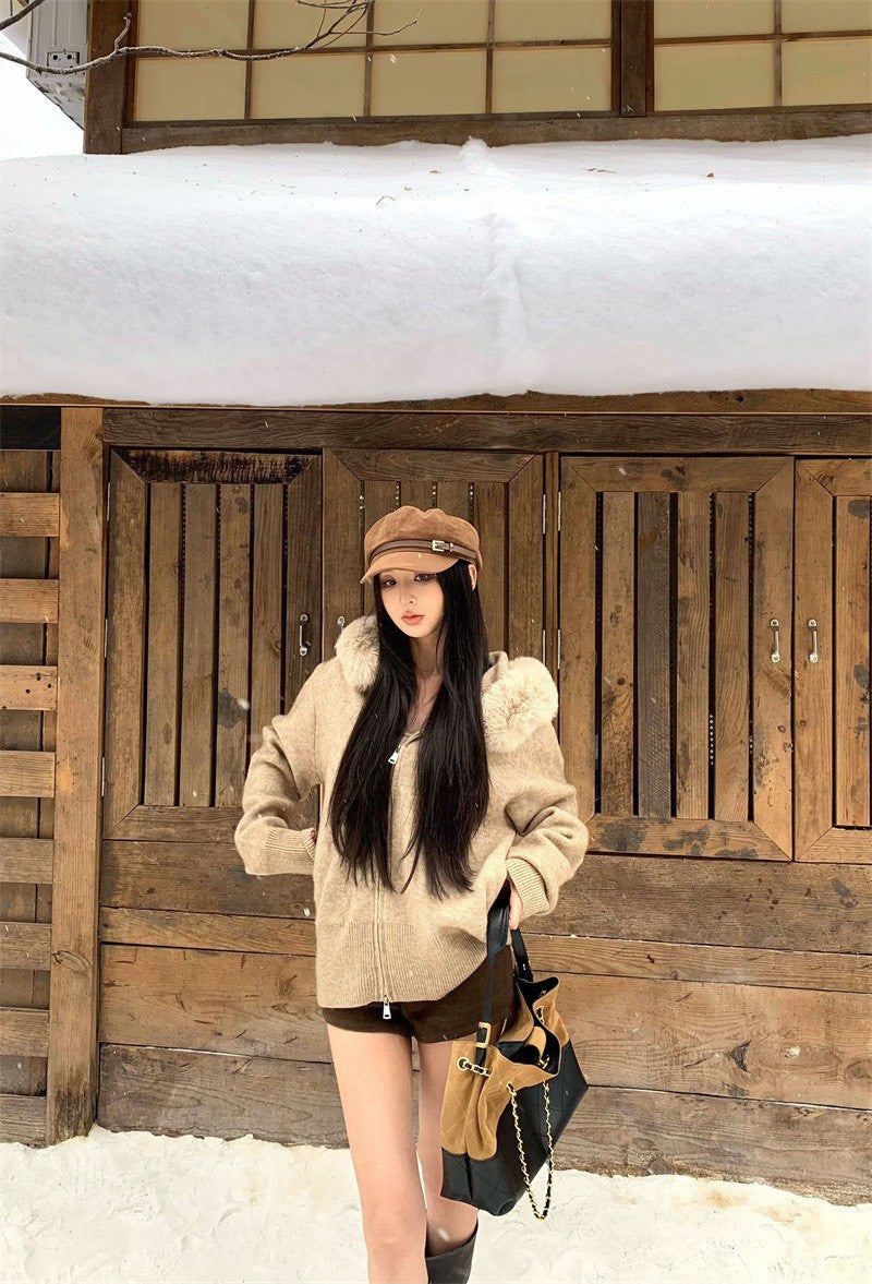 25Dec. 可拆卸奶油針織毛帽外套 杏/灰