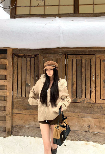 25Dec. 可拆卸奶油針織毛帽外套 杏/灰