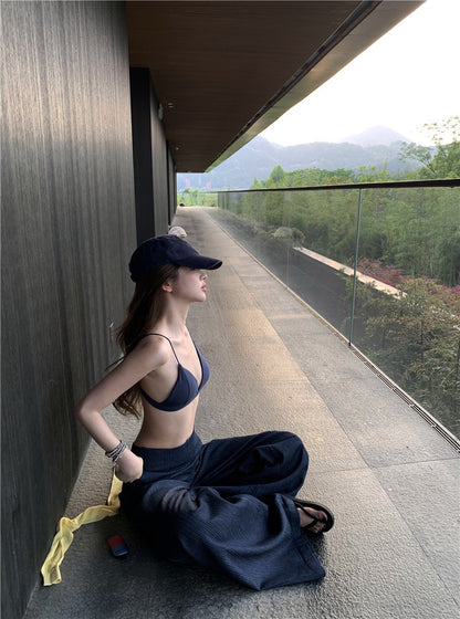 Jun. 清爽度假 辣妹肌理紋比基尼 高腰休閒褲 深藍色