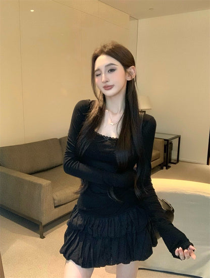 Jun. 奶椰泡泡 薄款芭蕾風打底上衣 花苞半身裙 黑