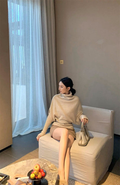 25Dec. 慵懶堆堆領毛衣(附手袖）修身卡色半身裙