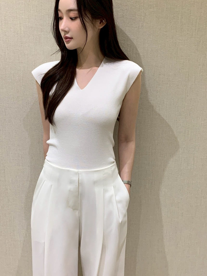 25Aug. 無修邊落肩V領針織上衣 米/黑