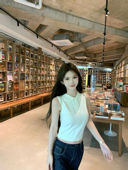 25Aug. 貝妮老錢感polo領背心 米白