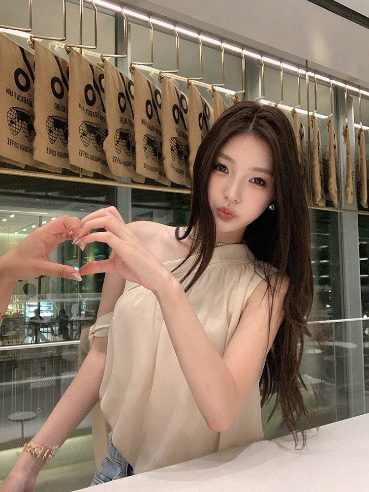 25Oct. 純欲杏茶斜肩女神雪紡上衣 短款
